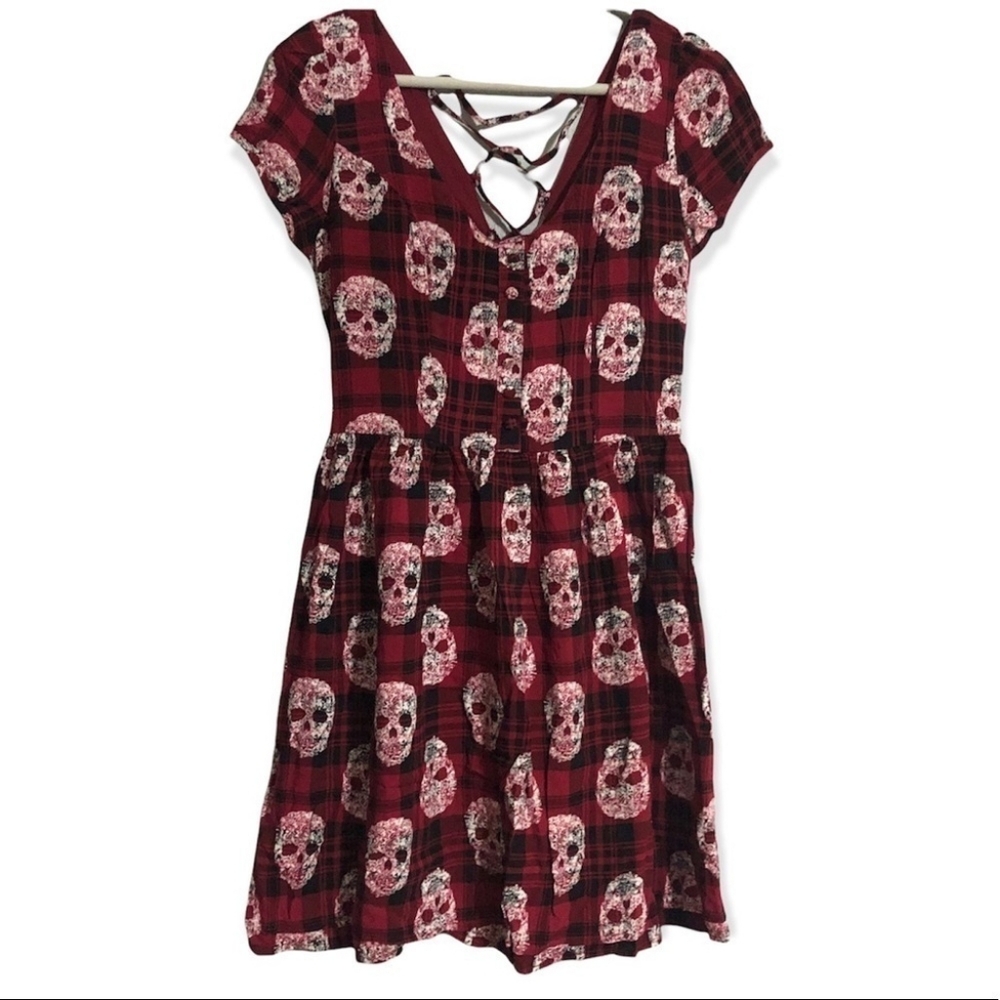 Rayon Polyester Plaid Red And Black Skull Hot Topic Skater Babydoll Dress